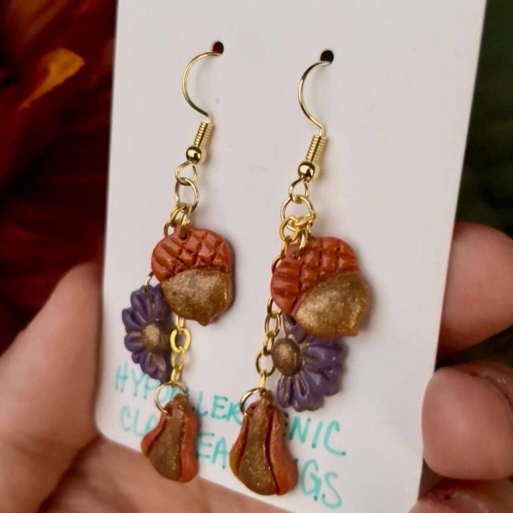Handmade Fall Earrings, Polymer Clay Acorn, Flower, and Gourd